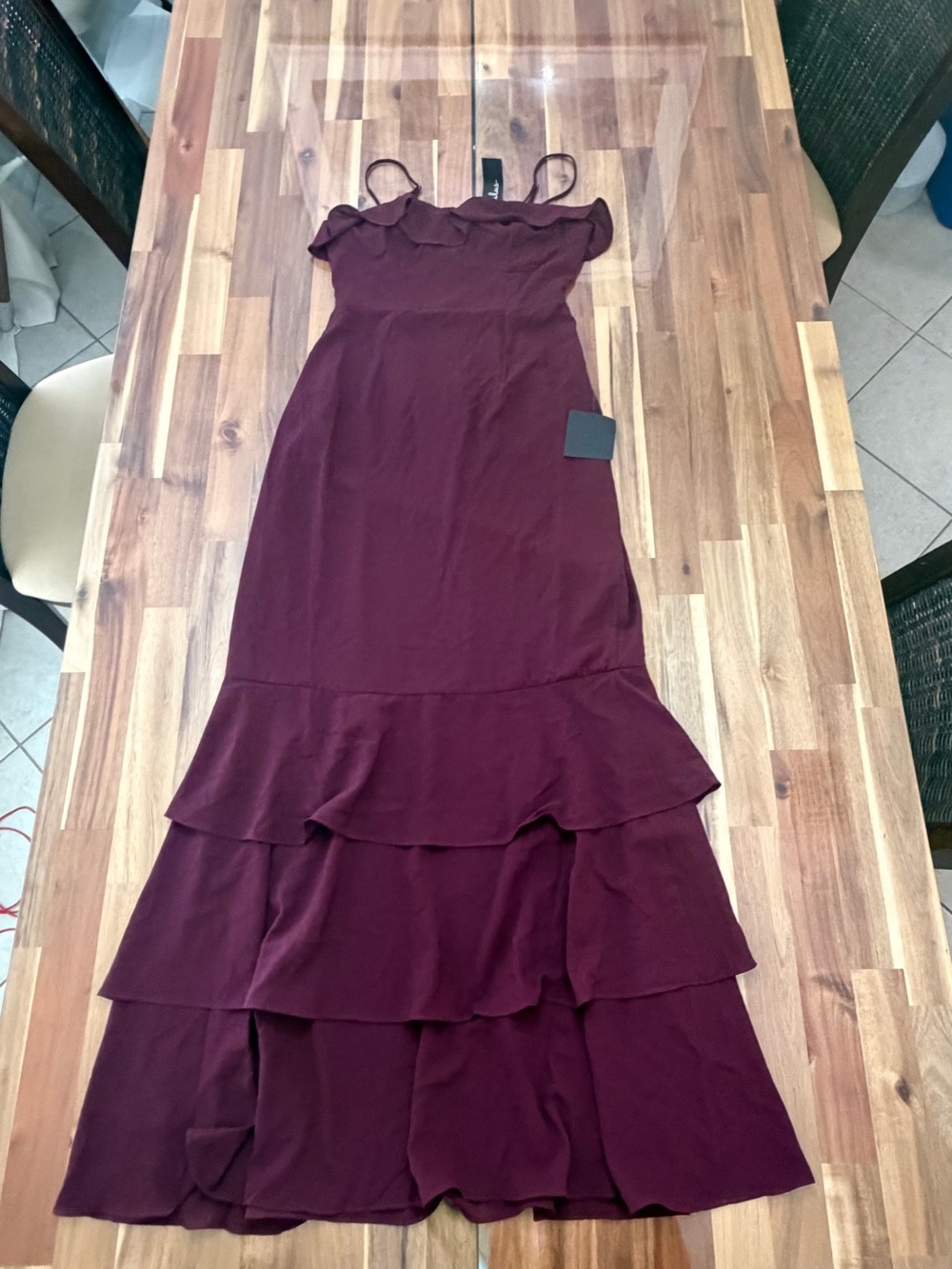 NWT Sz S Lulus Compelling Romantic Burgundy Ruffled Tiered Maxi Dress